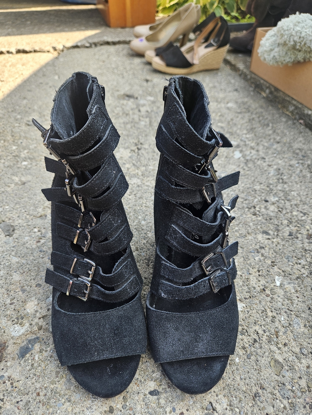 Free People Black Strappy Buckle Suede Open-Toe Heels